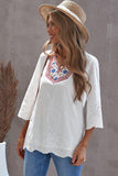Embroidered Floral Hollow-out Bell Sleeve Blouse