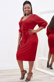 Plus Size Puff Sleeve Wrap V Neck Midi Dress
