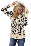 Beige Long Sleeve Button-up Hooded Leopard Print Cardigan