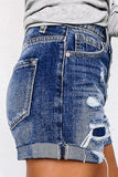 High Waist Button Fly Distressed Denim Shorts