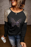 Rhinestone Butterfly Sequin Patchwork Long Sleeve Top