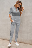 Plaid Splicing Short Sleeve Top and Elastic Waist Pants Set