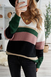 Khaki Colorblock V Neck Ribbed Knitted Sweater
