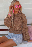 Leopard Bubble Sleeves Smocked Blouse