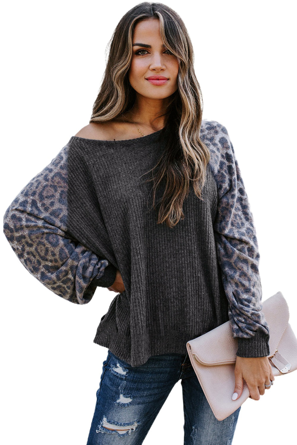 Leopard Patch Ribbed Loose Long Sleeve Blouse