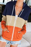 Zip Front Color Block Splicing Drawstring Hoodie