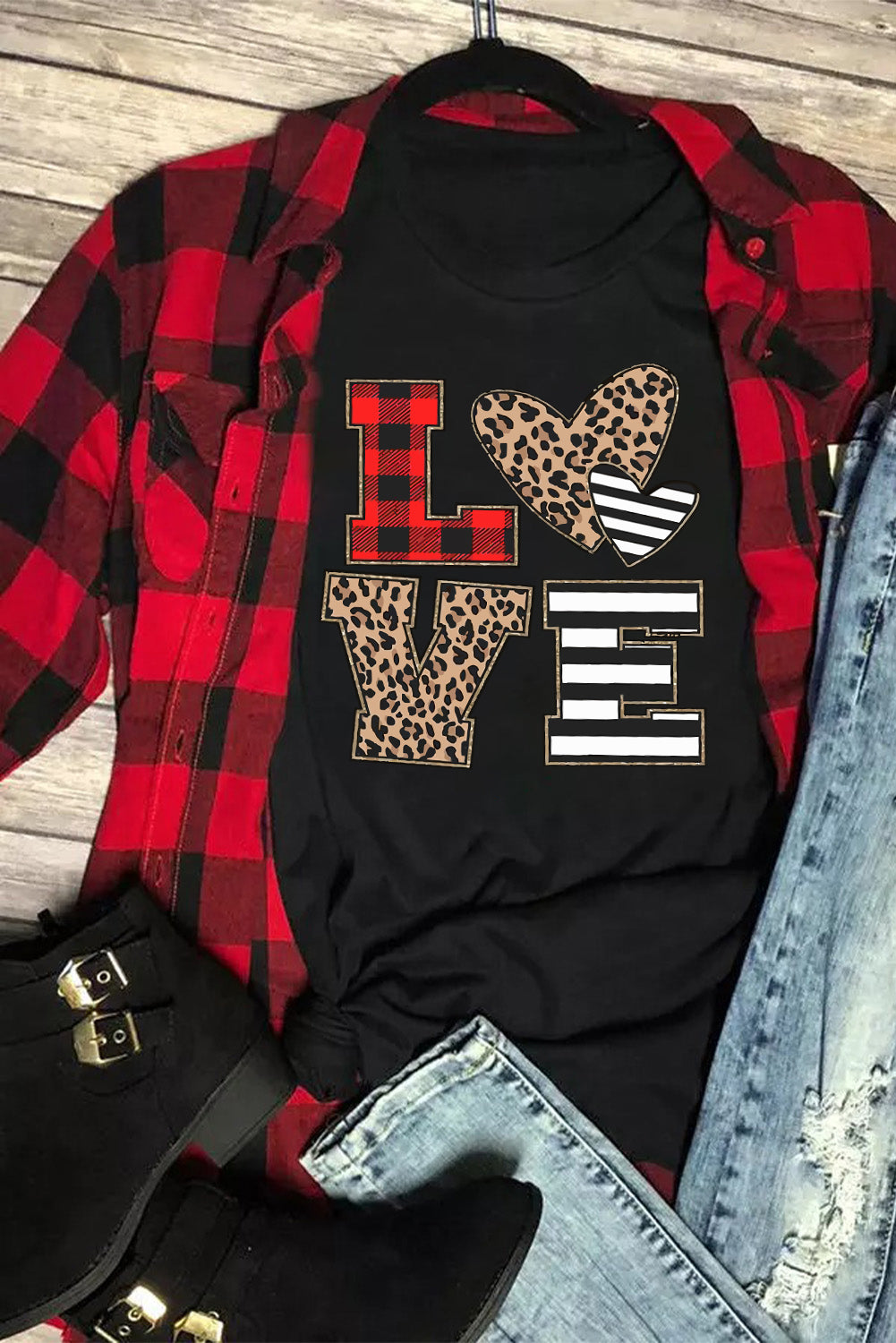 LOVE Heart Plaid Striped Leopard Print Graphic T Shirt