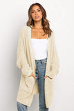 Beige Long Line Open Front Knitted Cardigan with Pockets