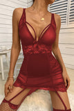 Deep V Neck Ruched Transparent Lace Mesh Chemise
