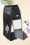 Colorblock Patchwork Ripped Hole Crop Straight Jeans