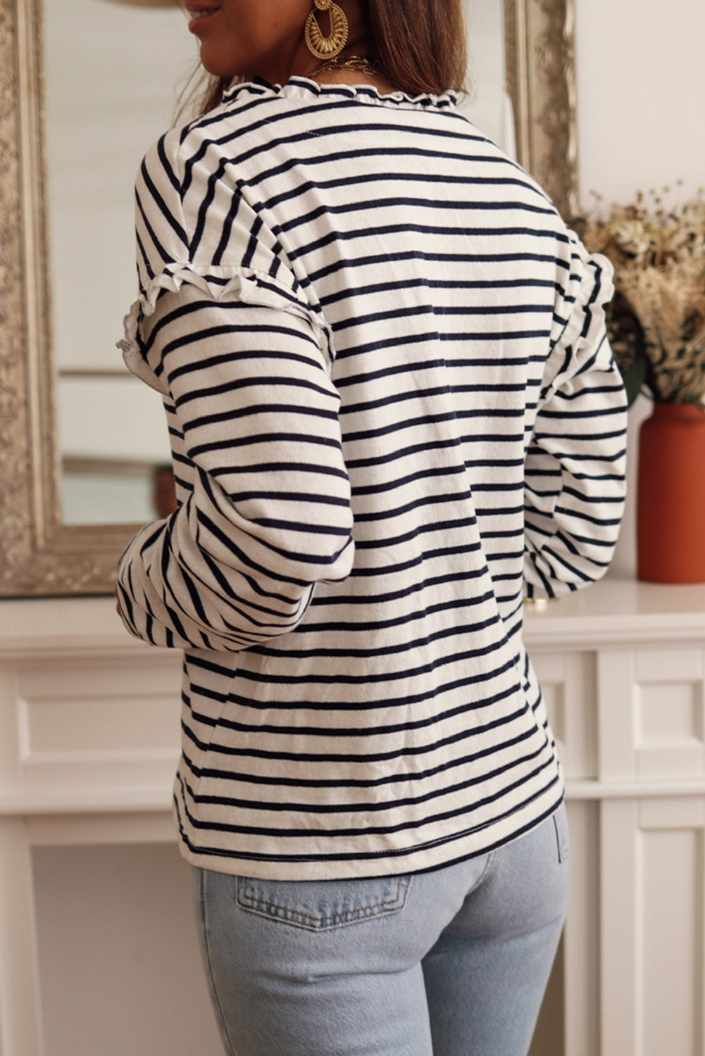 Striped Print Ruffled Buttoned Long Sleeve Top