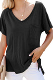 V Neck Short Sleeves Cotton Blend Tee with Front Pocket and Side Slits