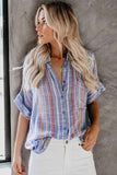 V Neck Stripes Roll up Sleeve Button Shirt