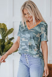 Camouflage Print V Neck Short Sleeve T Shirt