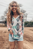 V Neck Long Sleeve Aztec Print Top with Pocket