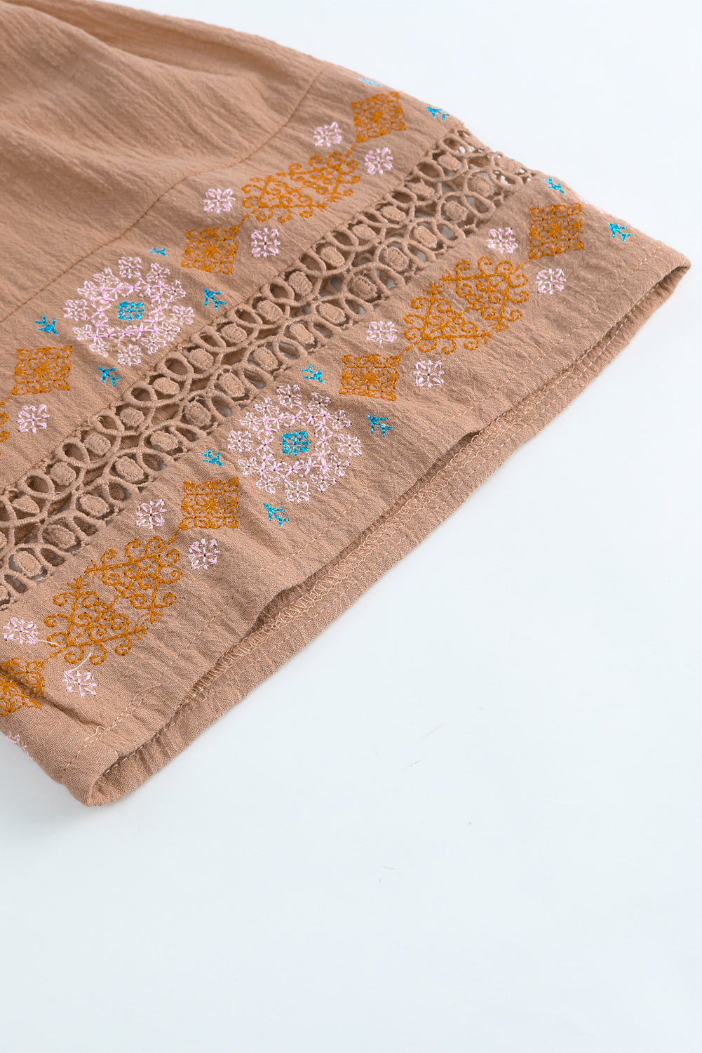 Brown Tassel Drawstring Embroidered Half Sleeve V Neck Top