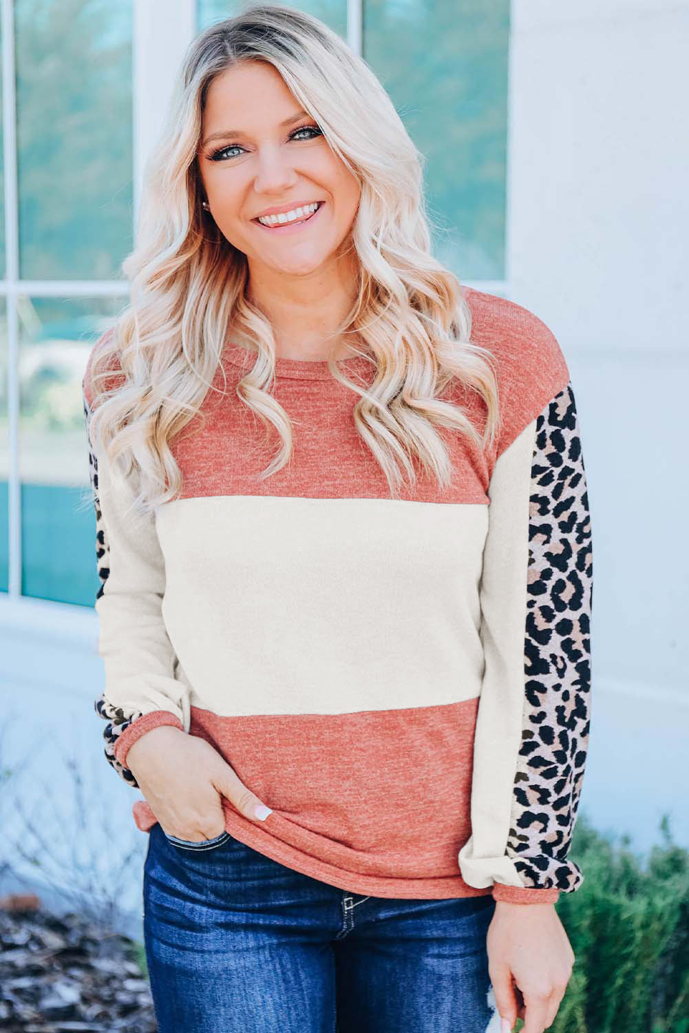 Leopard Color Block Knitted Long Sleeve Top