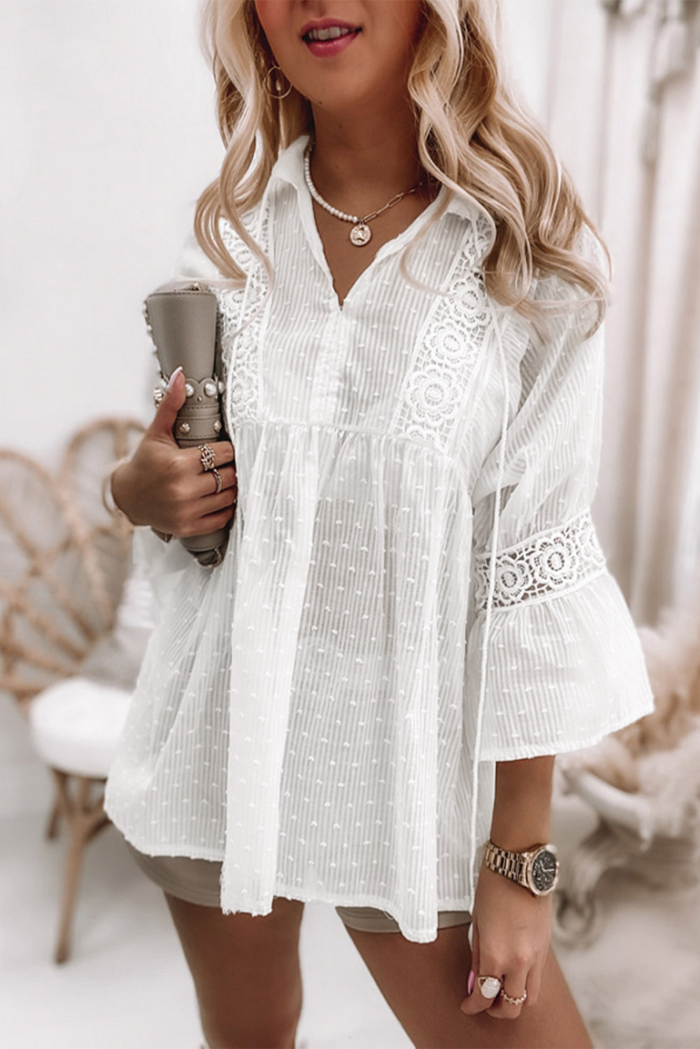Lace Detail Dotted Print Babydoll Blouse