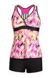 Printed Tankini Top Solid Boyshort Swimsuit