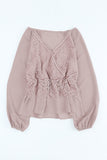 Surplice V Neck Lace Front Balloon Sleeve Blouse