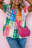 color Bold Plaid Color Block Puff Sleeve Peplum Top