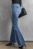 Sky Blue High Waist Raw Hem Button Ripped Flare Jeans