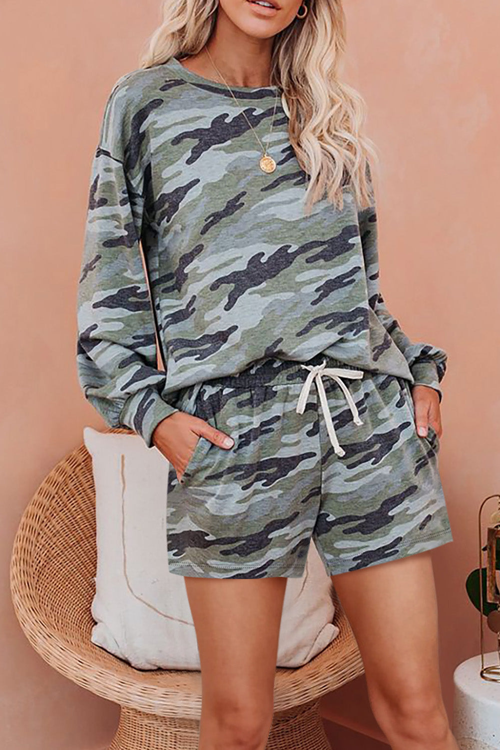 Camo Long Sleeve Pullover and Shorts Loungewear