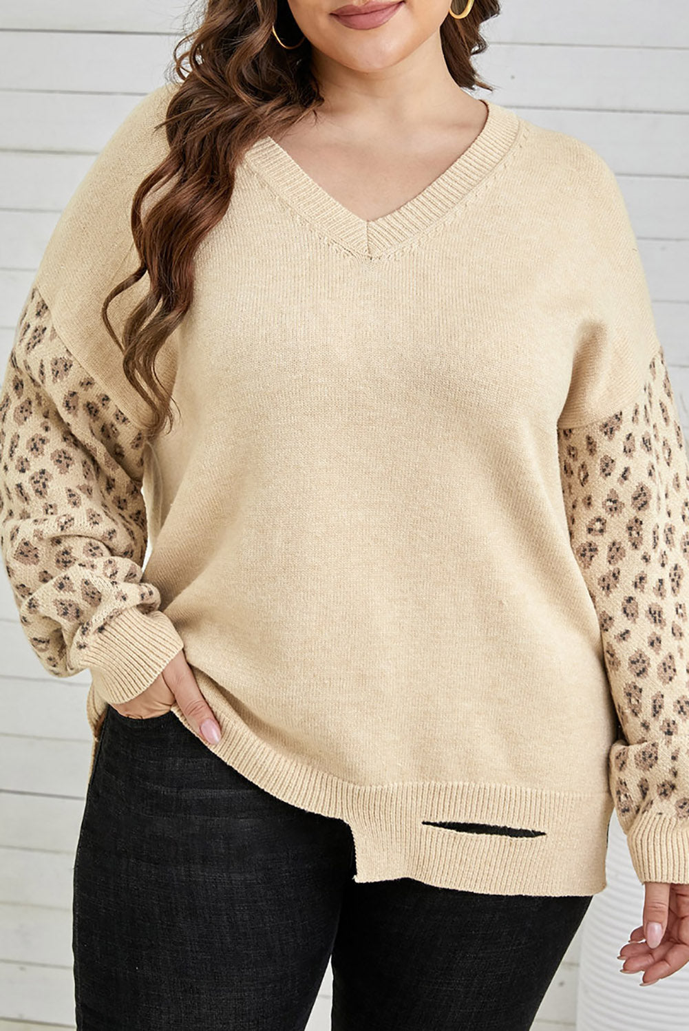 Distressed Hemline Leopard Sleeve Plus Size Sweater