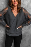 Sexy V Neck Surplice Hollow-out Sweater with Lace Sleeves