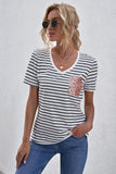 V Neck Striped T-shirt with Patch Pocket