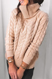 Khaki Turtleneck Long Sleeve Braided Knitted Sweater