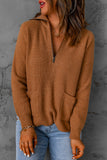 Brown Half Zip Ribbed Knit Pocketed Sweater