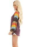 Multicolor Striped Balloon Sleeves Green Knit Top