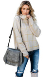 Beige Grid Pattern Turtleneck Sweater