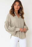 Gray Ruffled Patchwork Bubble Sleeve Loose Shirt