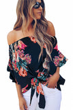 Off Shoulder Floral Tie Front High Low Chiffon Blouse