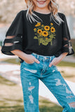 Little Girl Sunflower Print Mesh Bell Sleeve Top