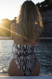 Snake Print High Cut Tie Shoulder Straps One Piece Swimsuit
