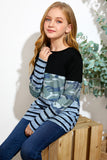 Camo Striped Color Block Girl's Crewneck Long Sleeve Top