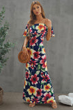 Turquoise Roses Print Off-the-shoulder Maxi Dress