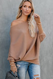 Khaki Slouchy One Shoulder Dolman Sleeves Ribbed Sweater