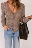 V Neck Puff Sleeve Buttons Leopard Print Shirt