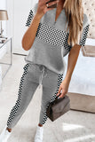 Plaid Splicing Short Sleeve Top and Elastic Waist Pants Set