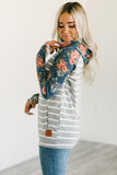 Striped Floral Print Long Sleeve Zipper Hoodie