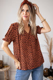 Short Puff Sleeves V Neck Leopard Print Top