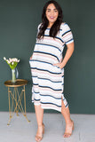 Striped Print Splits Short Sleeve Plus Size Midi Dress