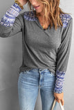 Aztec Patch Button V Neck Blouse