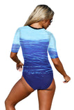Print Zip Front Half Sleeve One Piece Swimsuit