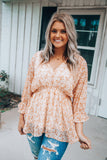 Floral Print V Neck Ruched Babydoll Blouse