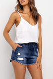 Elastic Waist Distressed Raw Hem Denim Shorts